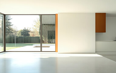 Obraz premium Modern living space with large windows and minimalist design overlooking a garden