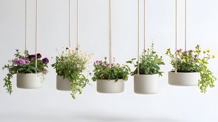 Fototapeta premium Whimsical Setup of Circular Pots Filled with Colorful Blooms, Perfect for Adding a Cheerful Touch to Any Indoor or Outdoor Space