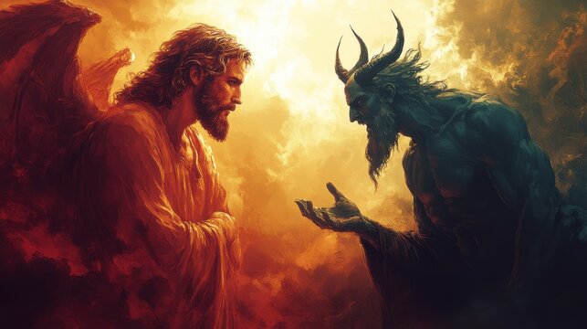 jesus christ tempted by the devil colorful illustration