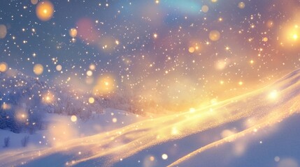 Snowy mountain winter landscape, falling snow, bokeh lights, holiday card