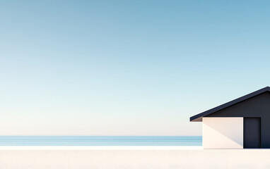 Fototapeta premium Modern house overlooking calm ocean under clear sky at dawn