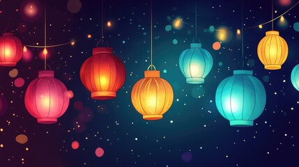 A collection of glowing lanterns in various colors, hanging in the night sky, with an open area for copy in the center