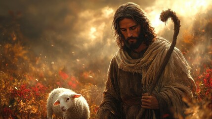 jesus holding a lamb and a shepherd s crook digital illustration