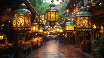 Obraz premium Illuminated Street Market at Night with Ornate Lanterns