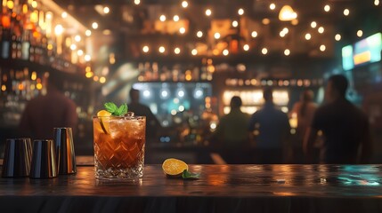 A Vibrant Bar Scene Captured in a Wide Shot Featuring a Refreshing Cocktail Surrounded by a Lively Atmosphere and Soft Lighting for a Cozy Ambiance