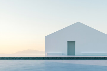 Fototapeta premium Modern white house by the water during a serene sunset with soft pastel sky colors