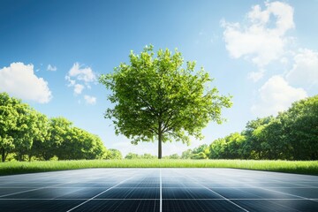 Futuristic tree with solar panel-like leaves urban park conceptual art eco-friendly environment ground-level view sustainability