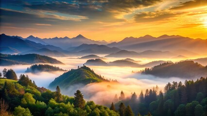 Obraz premium Morning light on mountains, misty atmosphere, serene landscape, morning light, dawn, morning light