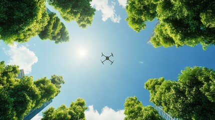 Drones planting trees in a sustainable urban park city landscape aerial view eco-friendly initiative nature restoration