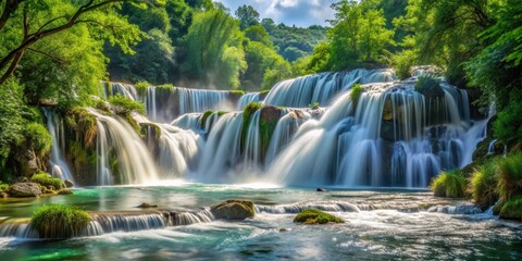 Fototapeta premium A waterfall cascading into a foamy river with dense foliage surrounding it, creating a serene atmosphere and highlighting the power of nature , wildlife, rivers