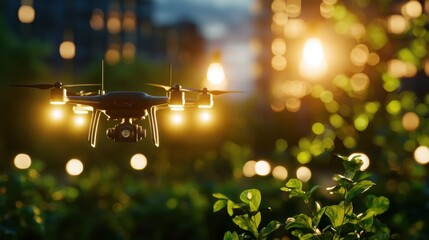 Drones planting trees in sustainable urban park city environment nature photography green technology perspective