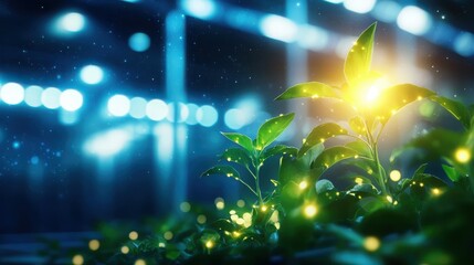 Illuminated vertical farming towers with transparent walls urban setting nature scene nighttime view sustainable agriculture concept