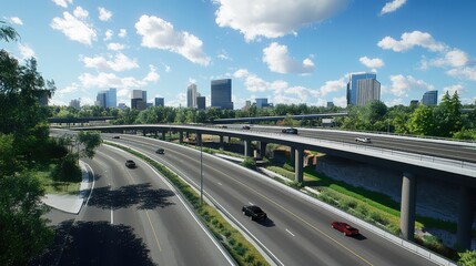 Fototapeta premium A freeway overpass with smooth, clean roads and modern urban surroundings, offering a dynamic and futuristic backdrop