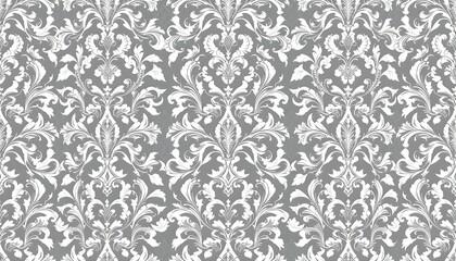 Intricate damask pattern, ornate floral motifs, symmetrical design, grayscale, vintage wallpaper texture, seamless repeat, baroque style, elegant scrollwork, high contrast