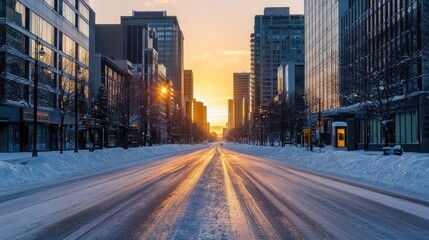 Fototapeta premium A frosty snowy road in an urban setting, lined with snow-covered sidewalks and tall buildings under a pale winter sun