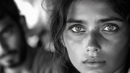 Fototapeta premium Black and white portrait of a woman with intense expression