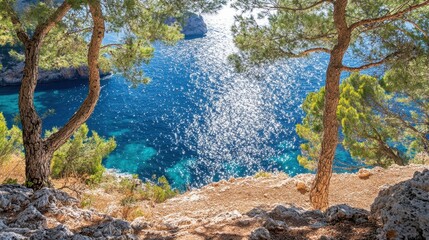 Serene Coastal View Through Pine Trees