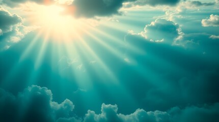 Dreamlike atmosphere, rich deep teal hues, sun rays filtering through clouds, gentle color contrasts, luxurious and vibrant ethereal quality