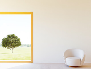 Obraz premium Modern interior with a view of a tree and outdoor landscape