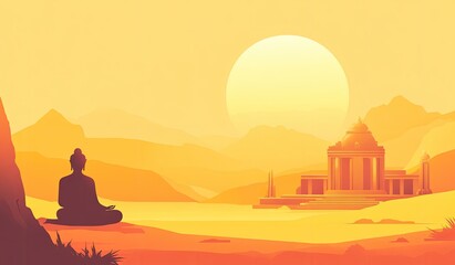 Silhouette of Buddha with a temple in the background, vector illustration with a yellow and orange color scheme
