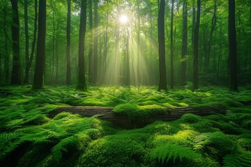 Obraz premium Sunlit forest with lush moss covering the ground and tall trees