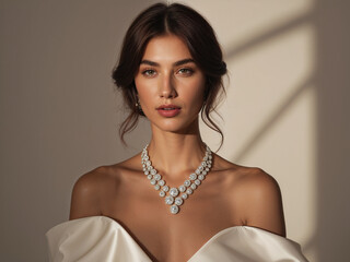 Brunette woman model with high end jewellery in dramatic studio lighting 