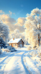 Snow-covered cabin in serene winter landscape