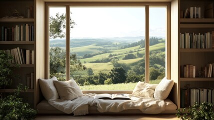 A cozy reading nook with a panoramic view of green hills through wide windows, soft cushions, and a blanket on a sunny afternoon -