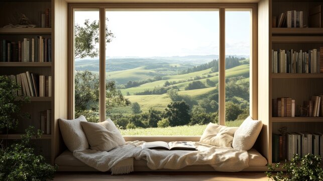 A cozy reading nook with a panoramic view of green hills through wide windows, soft cushions, and a blanket on a sunny afternoon -