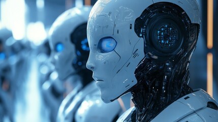 Fototapeta premium Close-up of a futuristic robot head with glowing blue lights