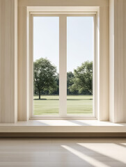 Obraz premium Sunlight streaming through a large window showcasing a serene outdoor landscape