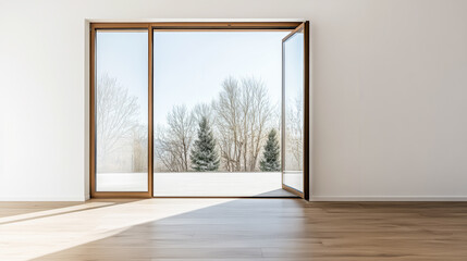 Modern room with large windows showing winter landscape in daytime