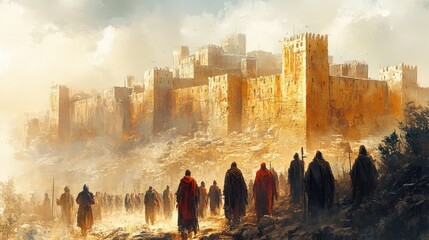 joshua and the walls of jericho digital watercolor illustration