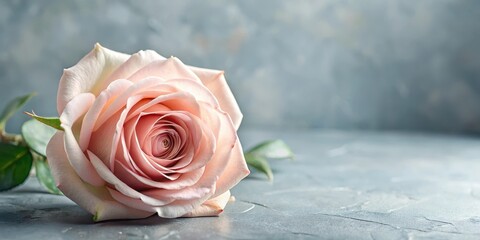Obraz premium a single pale pink rose flower with intricate details and delicate texture, set against a soft gray-blue background, showcasing its elegance and subtlety , pink rose, delicate