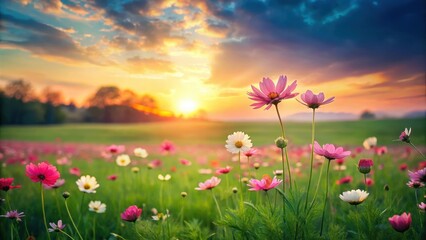 Obraz premium Delicate flowers blooming in a lush green meadow amidst a soft pink and red sunset, valentine, sunset, valentine