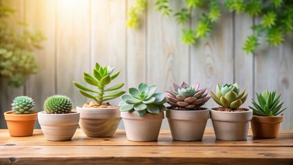 Fototapeta premium A lush arrangement of succulent plants on a wooden table with a minimalist aesthetic, set against a bright and airy background , succulents, cactus garden