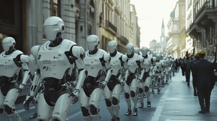 Obraz premium Group of soldiers marching in uniform on a foggy day