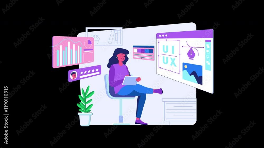 Wall mural a woman working on ui/ux design, featuring a modern workspace with charts and graphics.