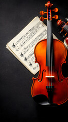 Fototapeta premium Elegant violin with sheet music, artistic setting.