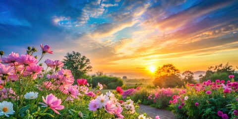 Obraz premium Soft pink and blue hues blend in the morning sky as sun rises over blooming flowers, garden, sunrise, garden