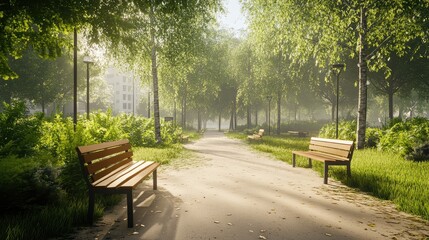 A quiet road through an urban park, surrounded by lush greenery and modern benches, with clean paths and open sky