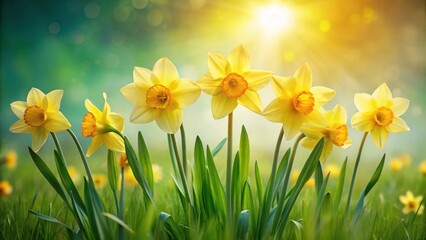 Fototapeta premium A group of yellow daffodils sway gently in the breeze, their bright petals shining like miniature suns amidst the lush green grass of a springtime meadow, Daffodils in field, Meadow