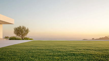 Modern landscape with green lawn and sunset view over the horizon in serene location