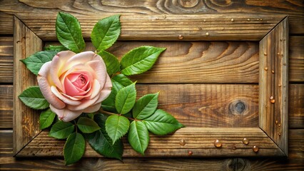Delicate rose flower with large green leaves framed in a rustic wooden border surrounded by lush foliage and dew drops , floral, rose flower frame