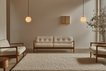 A minimalist living room with clean-lined furniture, a textured rug, and retro-style lighting