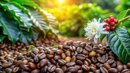 Obraz premium Coffee bean and blossom amidst lush greenery , farm, agriculture, farm, agriculture, flora