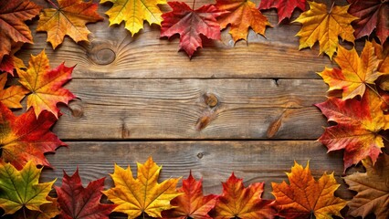 Obraz premium Autumn Sugar Maple Leaves Framing Rustic Wood Background , rustic wood