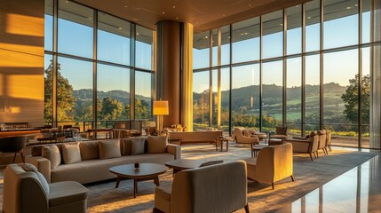 Fototapeta premium A modern lounge area with floor-to-ceiling windows opening to a sunny view of hills and greenery, contemporary furniture, and soft lighting
