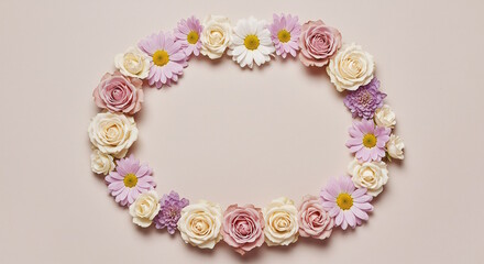 Obraz premium An elegant circular frame made of muted roses and daisies, suitable for greeting cards or home decor.