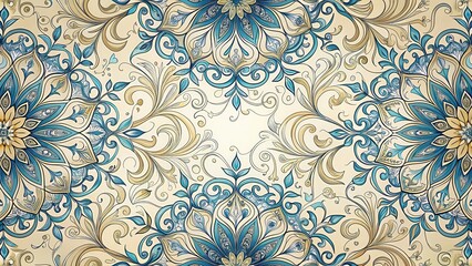 Intricate, hand-drawn design featuring a repeating motif of curved lines and floral patterns in shades of blue and gold on a cream background, floral pattern, textile